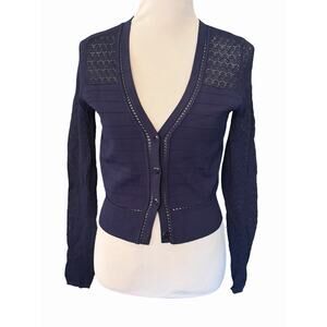 Diane Von Furstenberg Emerson Cardigan Sweater •S•Navy Blue Ribbed & Lace Fitted